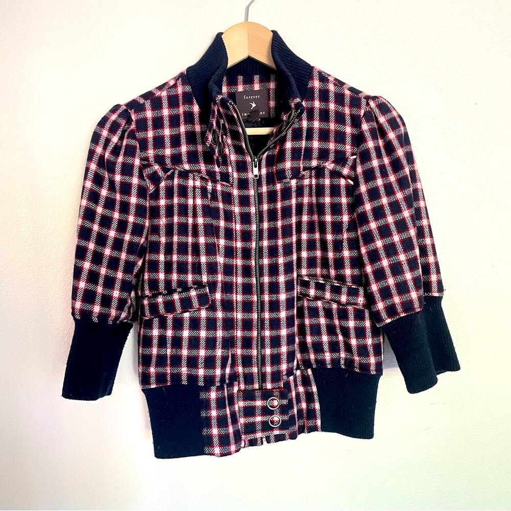Forever 21 Navy & Red Plaid Short Sleeve Jacket Size Medium